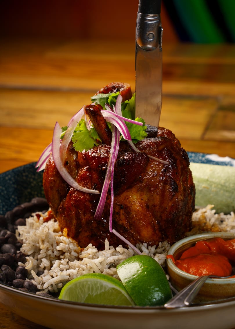 Glazed chicken drumstick with red onions, cilantro, rice, black beans, lime, and red sauce.