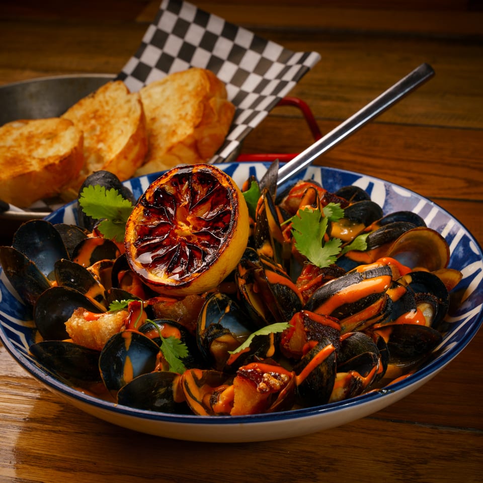 Mussels in a rich sauce with grilled lemon, cilantro, and toasted bread on a rustic wooden table.